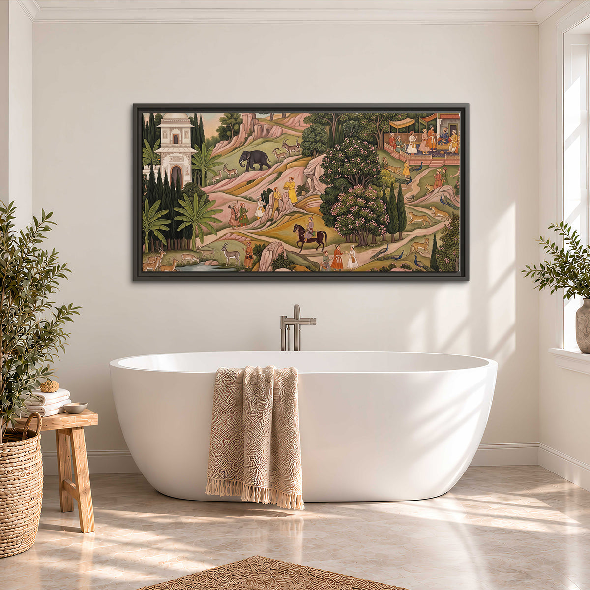 Decorative palace gardens with riders, trees and pavilions single framed canvas wall art styled in an interior