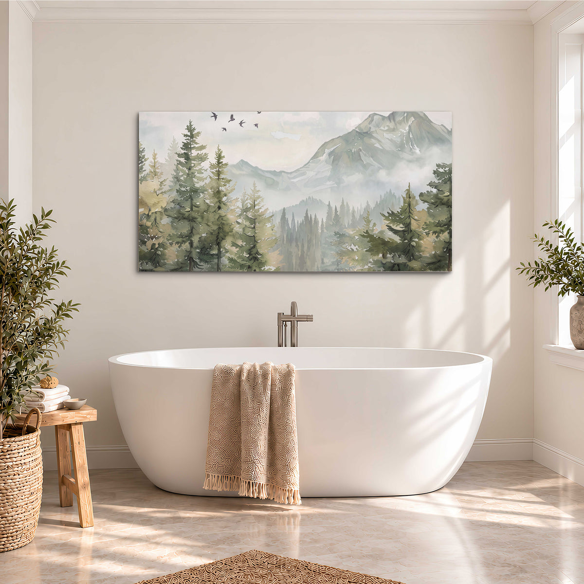 Soft green mountain peaks and evergreen trees beneath birds single canvas wall art styled in an interior