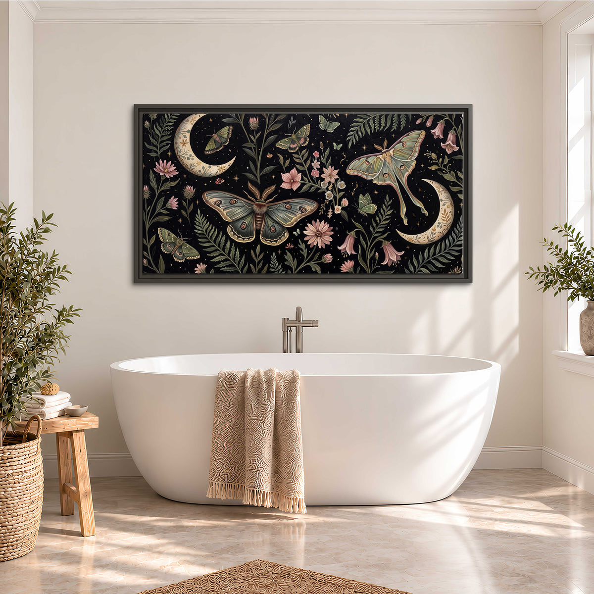 Decorative moths, crescent moons and flowers on black single framed canvas wall art styled in an interior