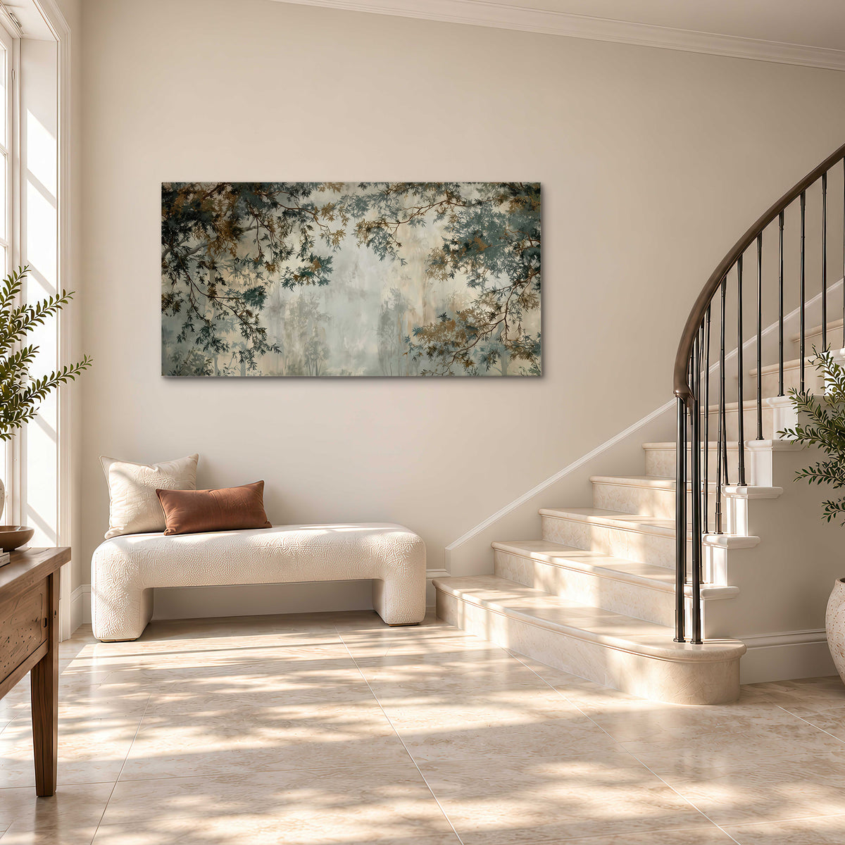 Overhanging branches framing a misty woodland clearing single canvas wall art styled in an interior
