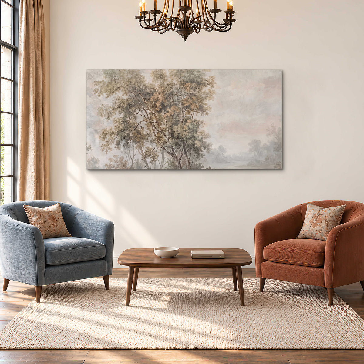 Delicate golden foliage and a hazy pastel countryside single canvas wall art styled in an interior