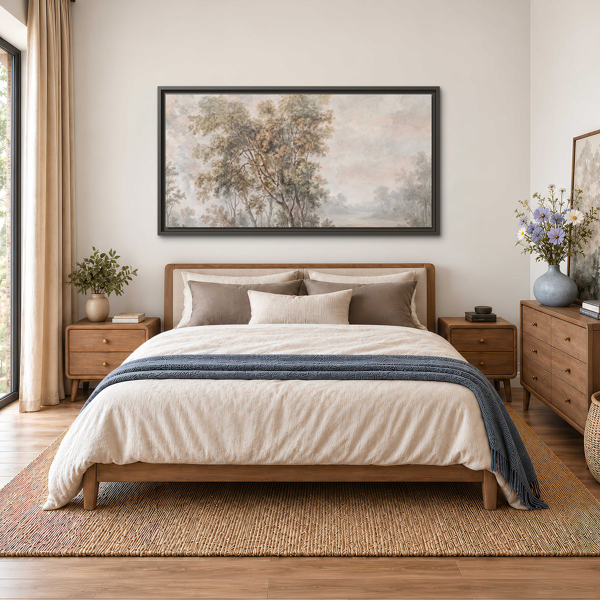 Delicate golden foliage and a hazy pastel countryside single framed canvas wall art styled in an interior