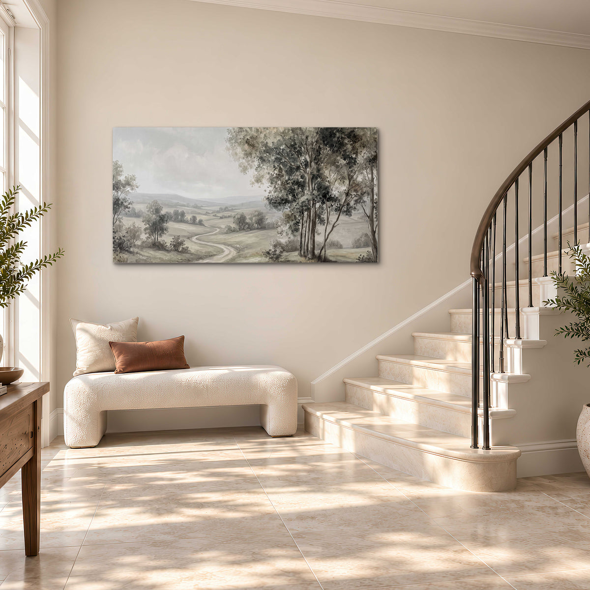 A quiet winding road through gray-green rolling hills single canvas wall art styled in an interior
