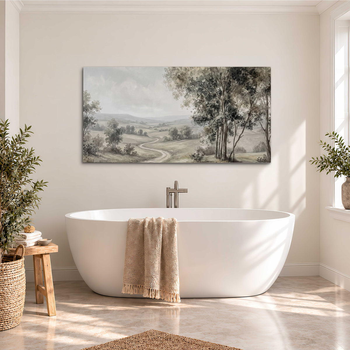 A quiet winding road through gray-green rolling hills single canvas wall art styled in an interior