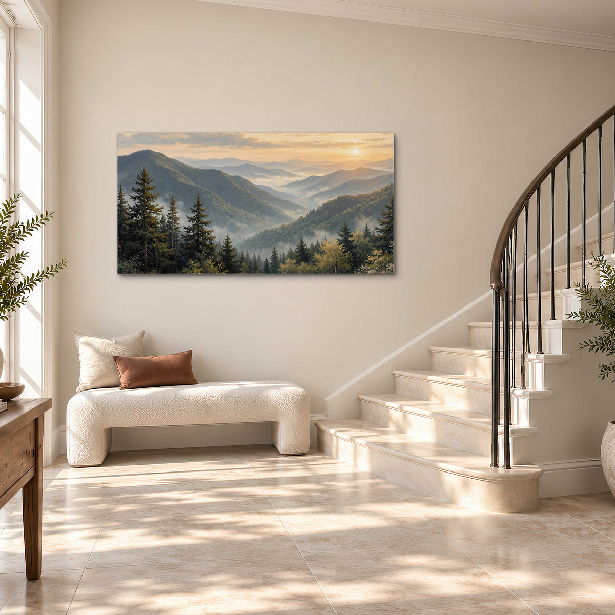 Blue-green mountain ridges and pines beneath a golden sunset single canvas wall art styled in an interior
