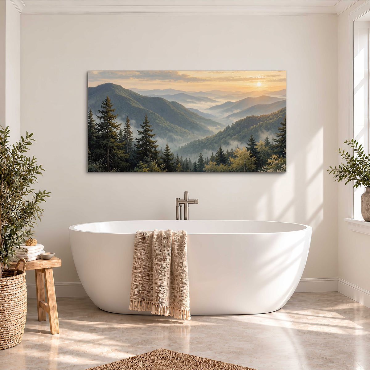 Blue-green mountain ridges and pines beneath a golden sunset single canvas wall art styled in an interior