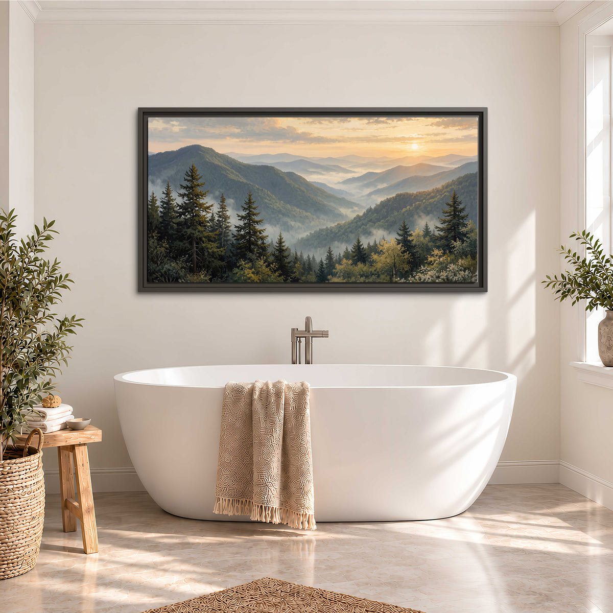 Blue-green mountain ridges and pines beneath a golden sunset single framed canvas wall art styled in an interior