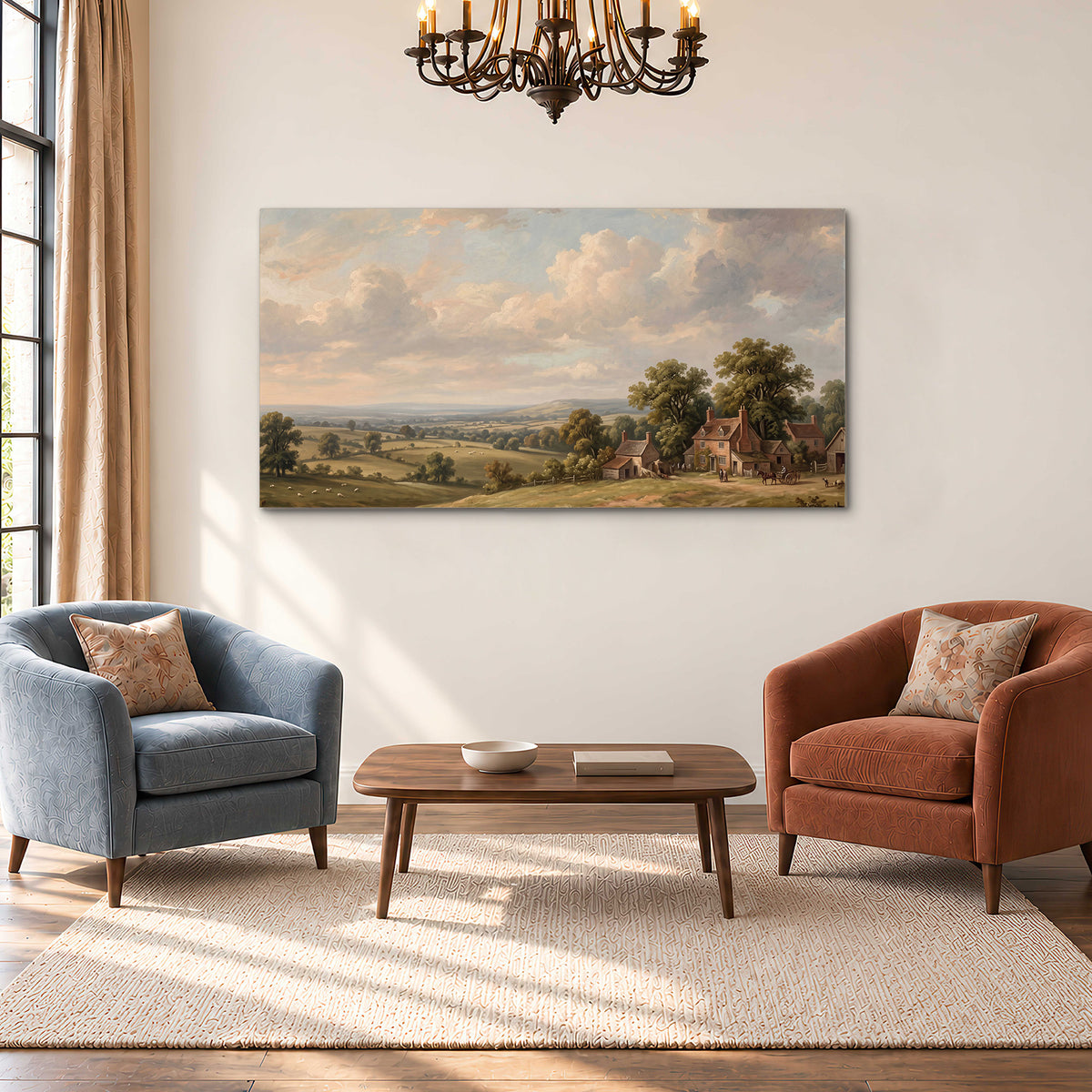 Small cottages overlooking fields beneath a luminous cloudy sky single canvas wall art styled in an interior