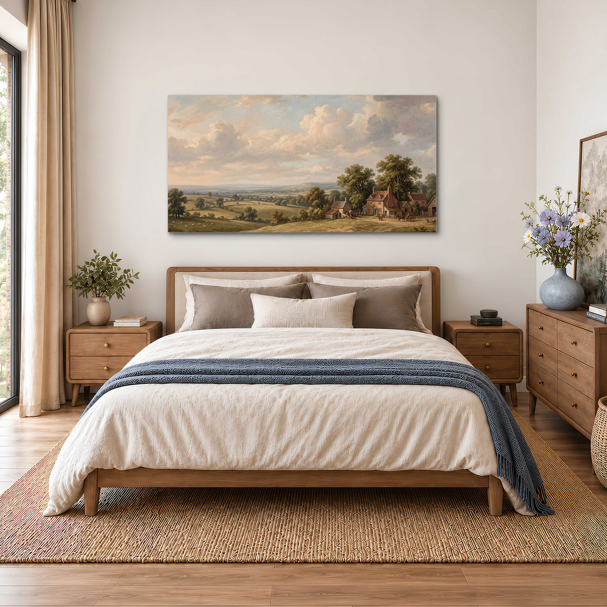 Small cottages overlooking fields beneath a luminous cloudy sky single canvas wall art styled in an interior