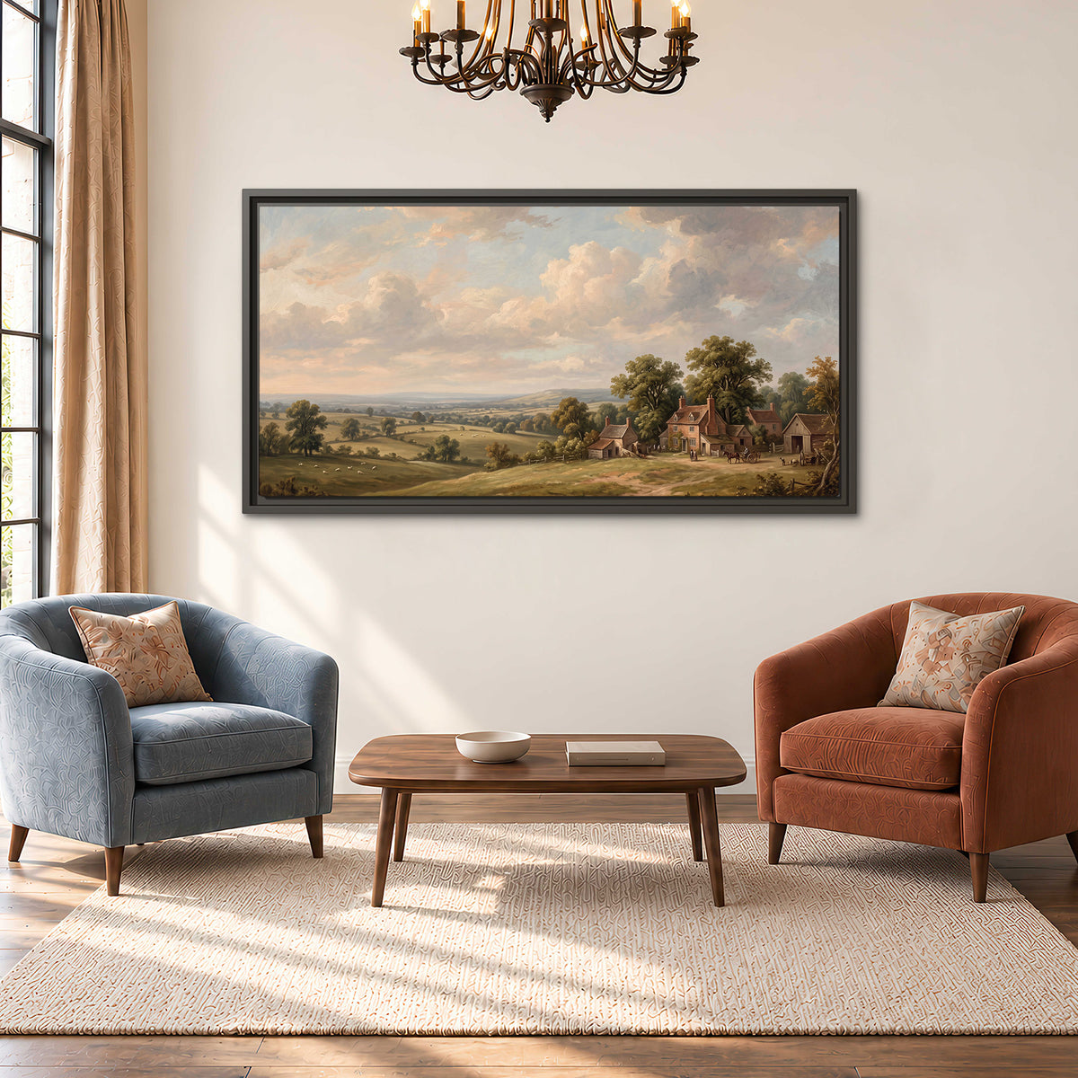 Small cottages overlooking fields beneath a luminous cloudy sky single framed canvas wall art styled in an interior