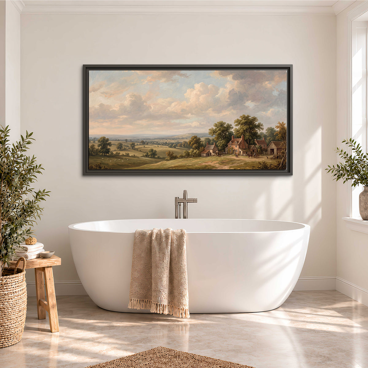 Small cottages overlooking fields beneath a luminous cloudy sky single framed canvas wall art styled in an interior