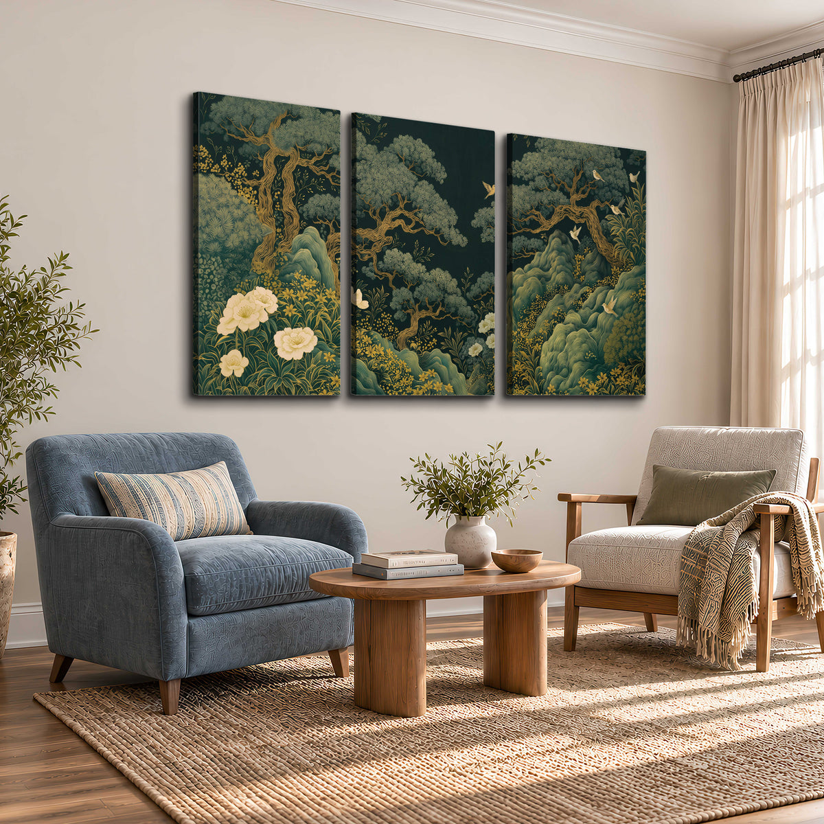 Decorative green trees, rocks, flowers and small birds 3 piece canvas wall art styled in an interior