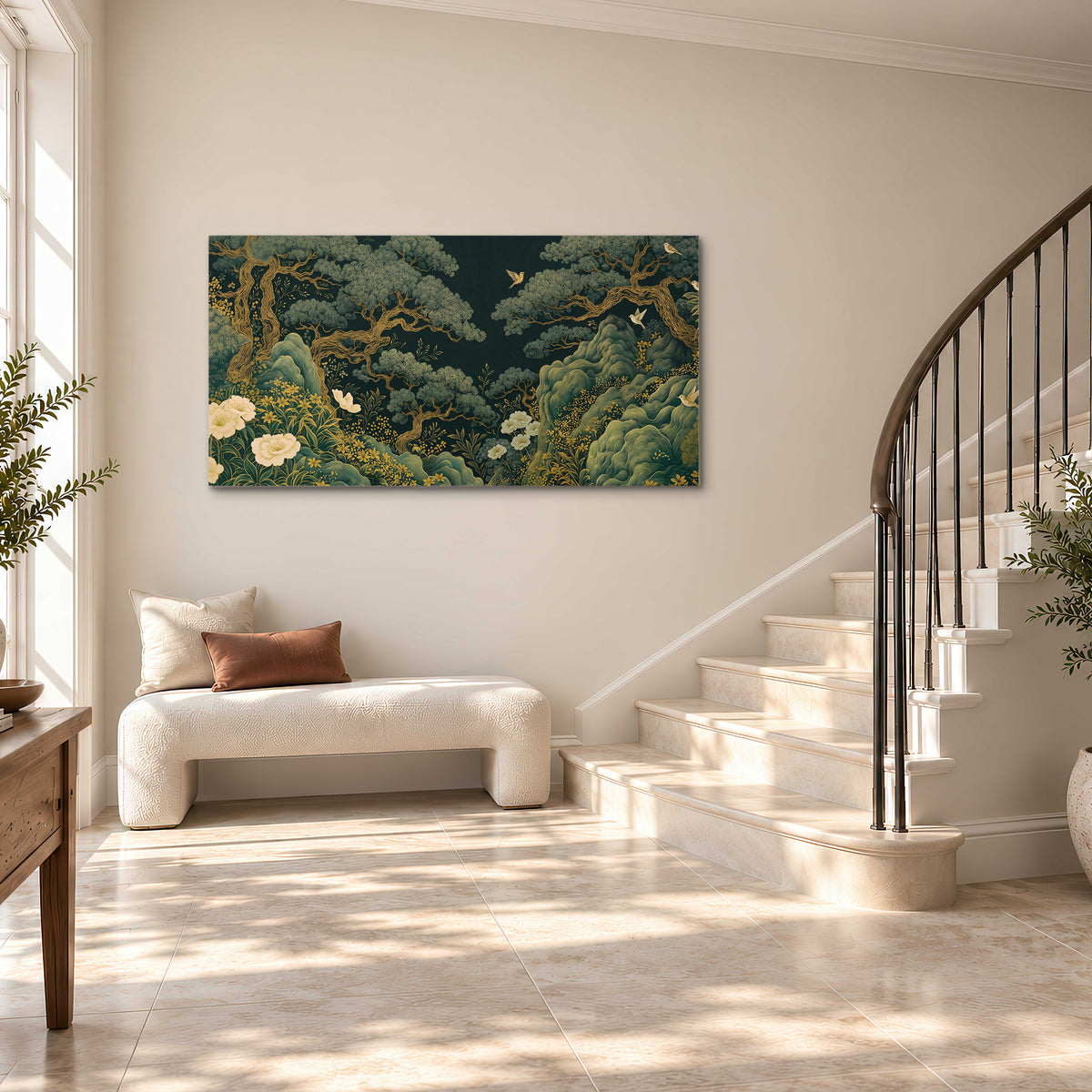 Decorative green trees, rocks, flowers and small birds single canvas wall art styled in an interior