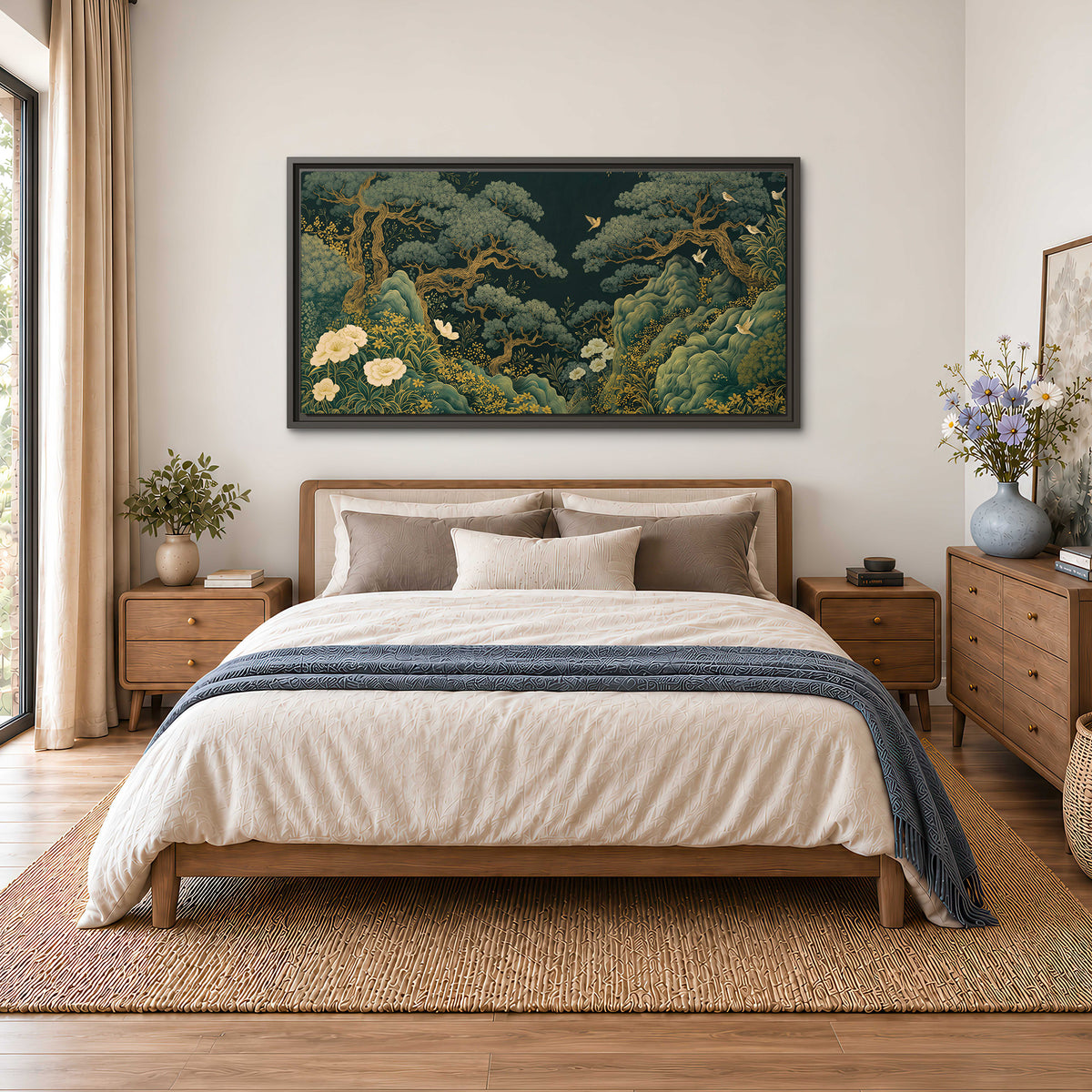 Decorative green trees, rocks, flowers and small birds single framed canvas wall art styled in an interior