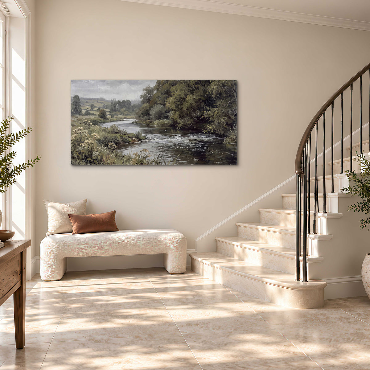 A gently flowing river bordered by olive-green trees and flowers single canvas wall art styled in an interior