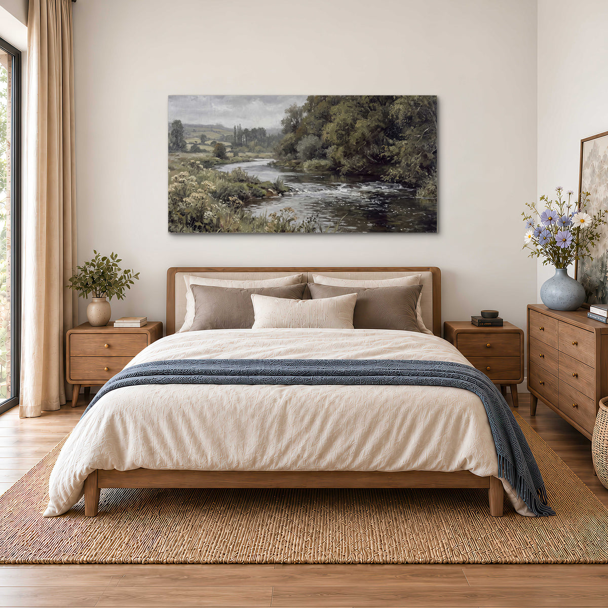 A gently flowing river bordered by olive-green trees and flowers single canvas wall art styled in an interior