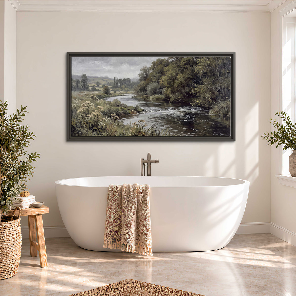 A gently flowing river bordered by olive-green trees and flowers single framed canvas wall art styled in an interior