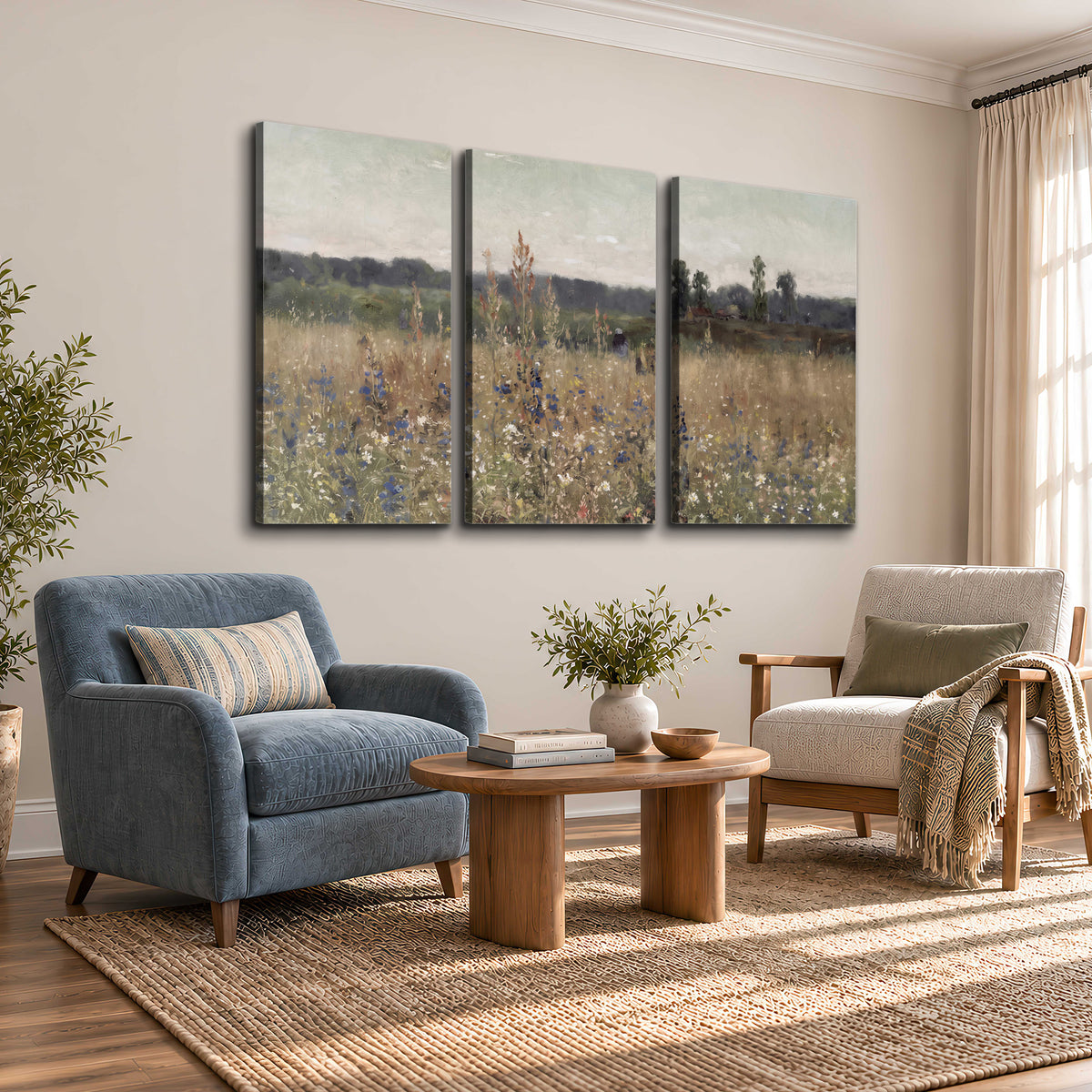 A loose painterly meadow with scattered blue and white wildflowers 3 piece canvas wall art styled in an interior