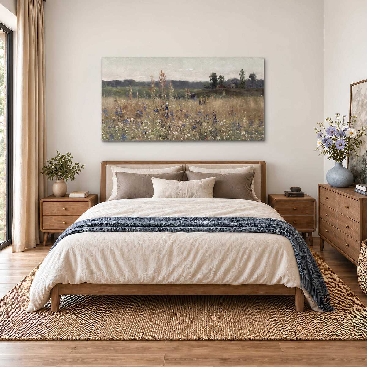 A loose painterly meadow with scattered blue and white wildflowers single canvas wall art styled in an interior