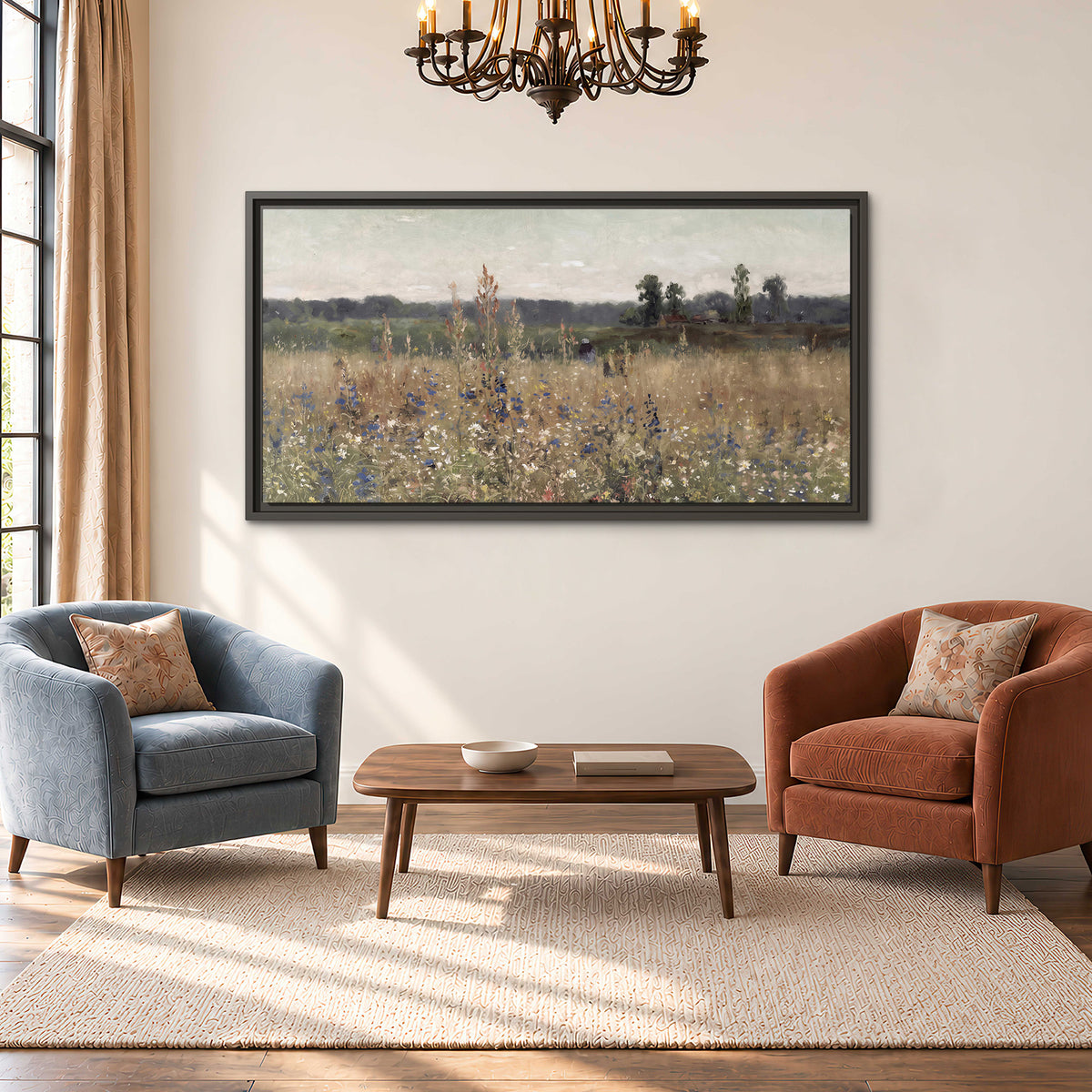 A loose painterly meadow with scattered blue and white wildflowers single framed canvas wall art styled in an interior