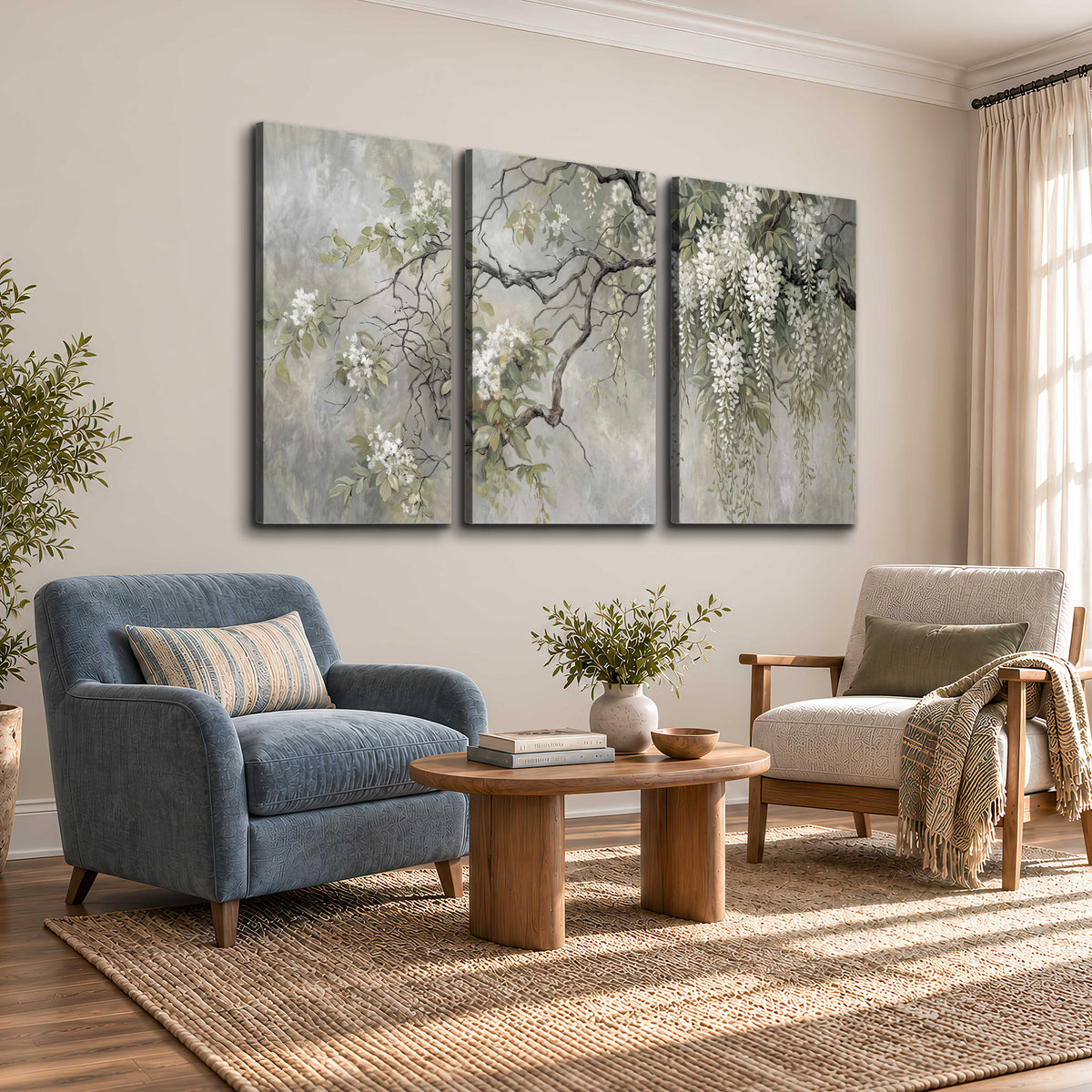 Trailing white blossoms and delicate green branches on pale gray 3 piece canvas wall art styled in an interior