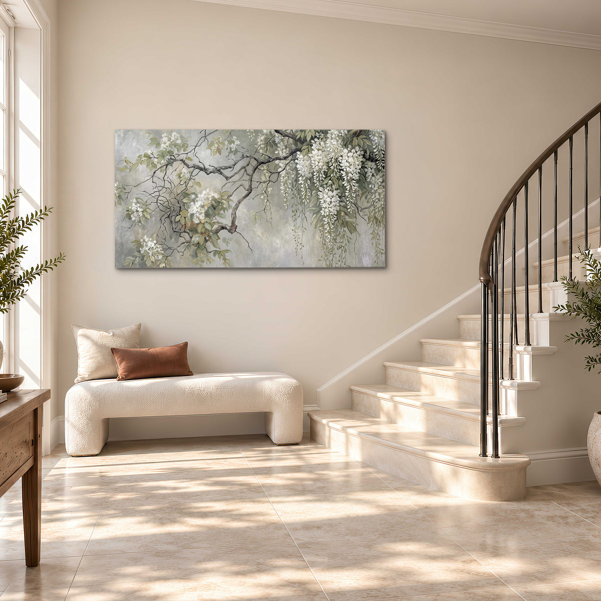 Trailing white blossoms and delicate green branches on pale gray single canvas wall art styled in an interior