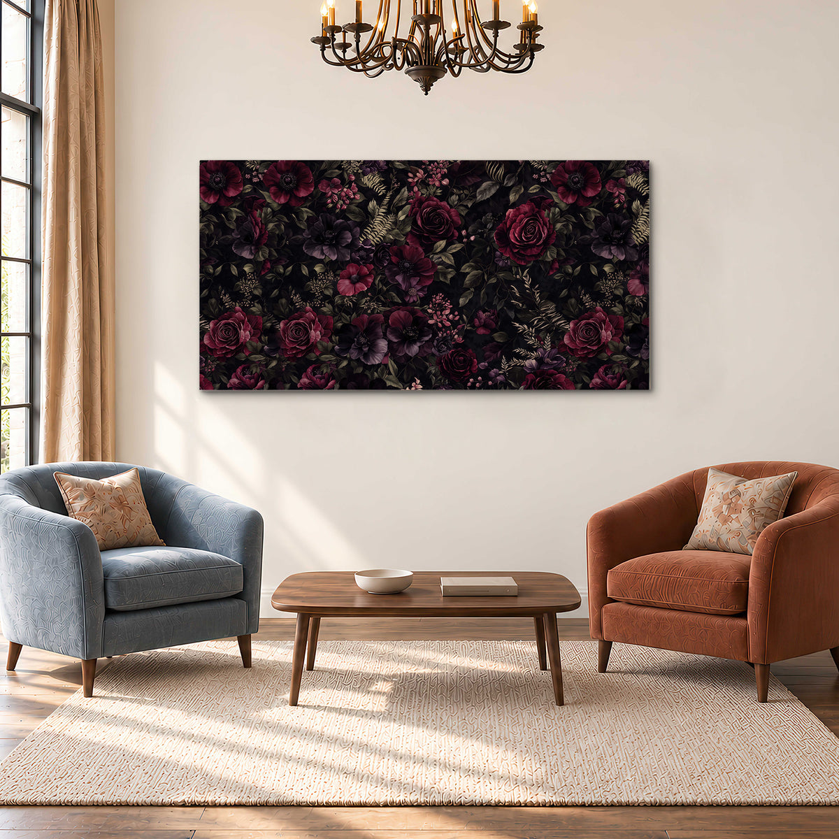 Deep burgundy roses and small pale flowers on a dark background single canvas wall art styled in an interior