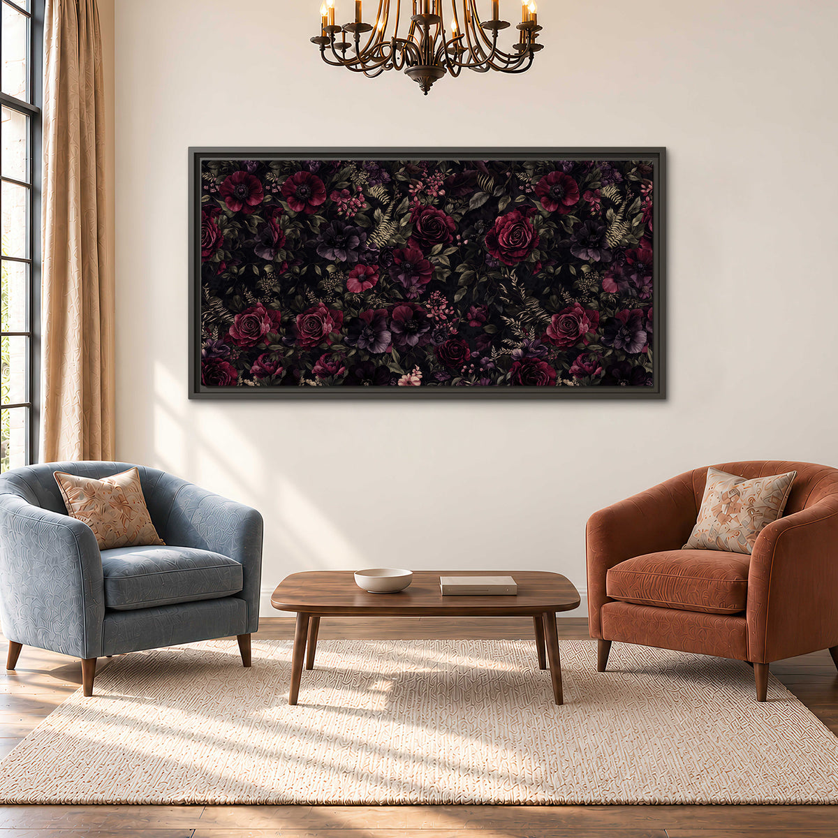 Deep burgundy roses and small pale flowers on a dark background single framed canvas wall art styled in an interior