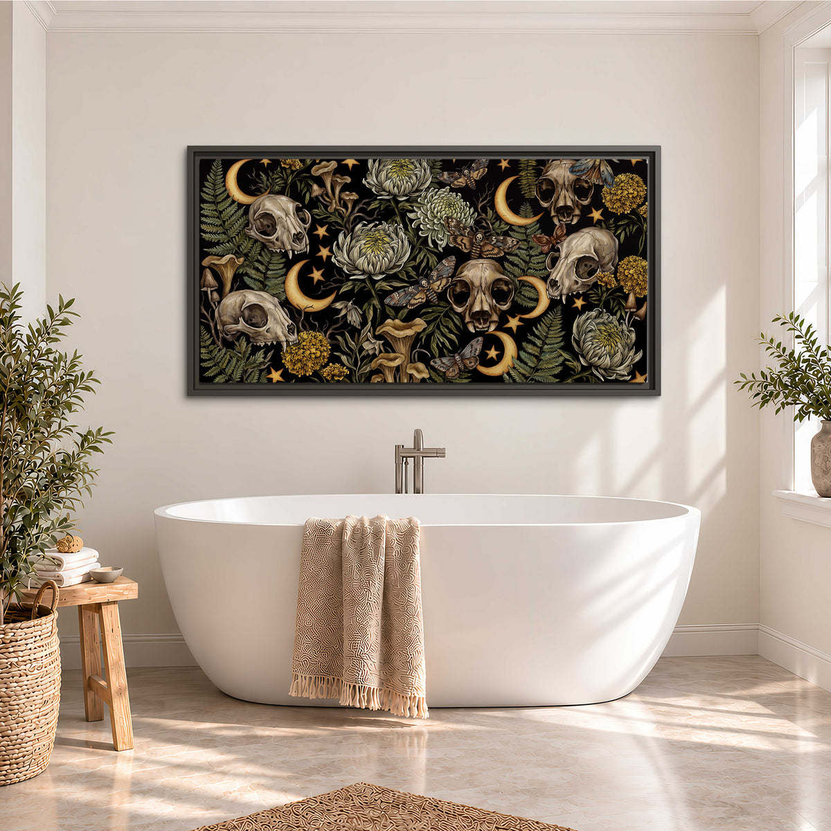 Decorative animal skulls, moons, stars, mushrooms and botanical leaves single framed canvas wall art styled in an interior