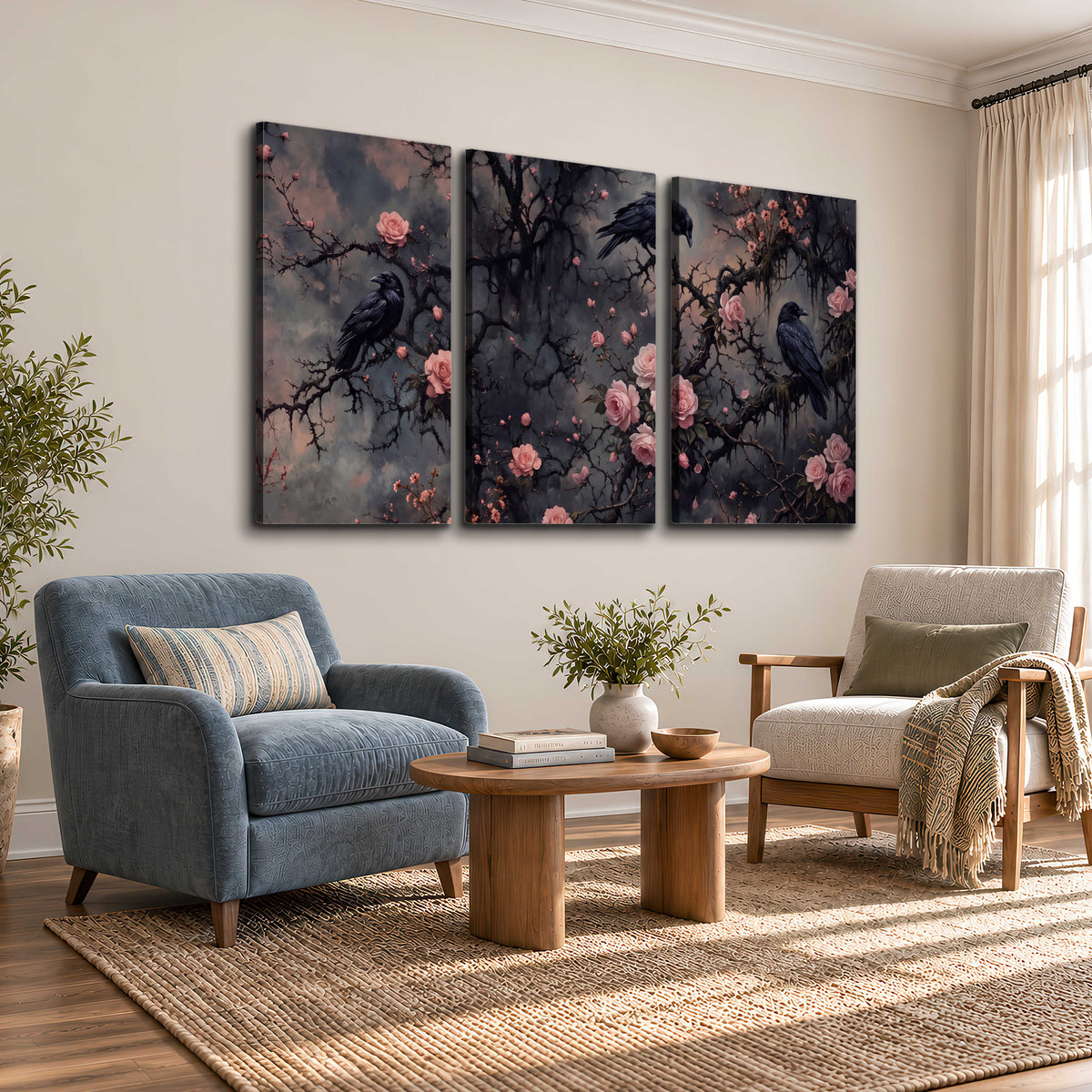 Black ravens perched among pink roses and dark branches 3 piece canvas wall art styled in an interior