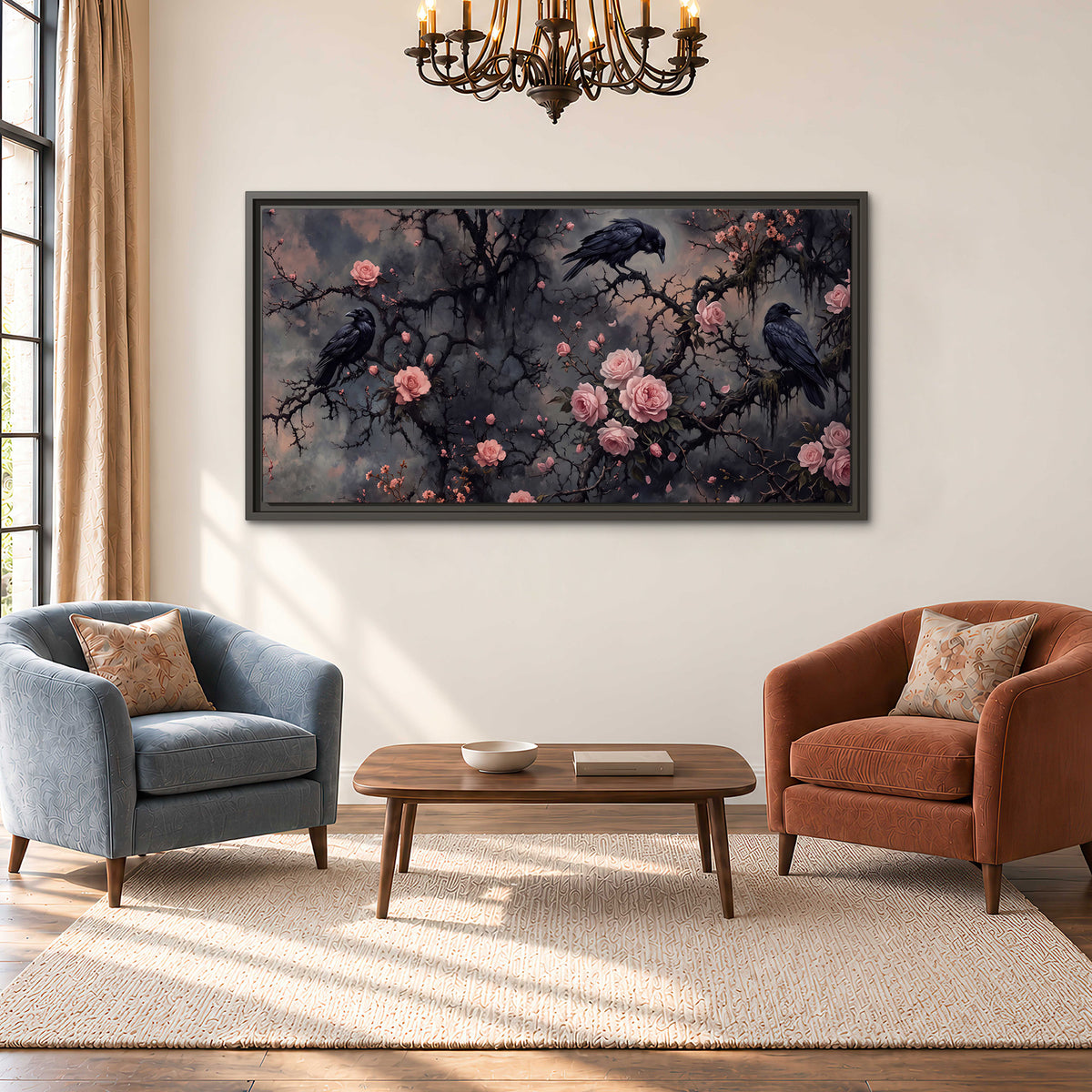 Black ravens perched among pink roses and dark branches single framed canvas wall art styled in an interior