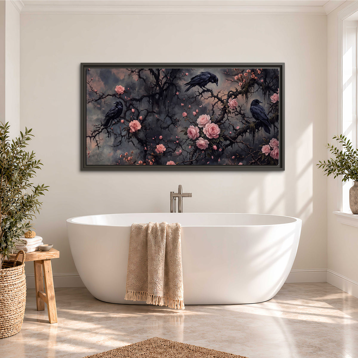Black ravens perched among pink roses and dark branches single framed canvas wall art styled in an interior