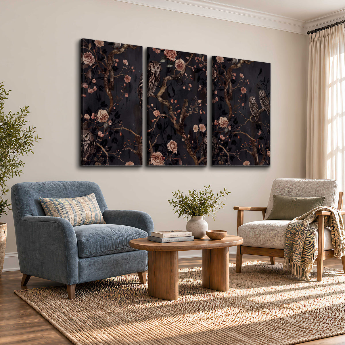 Owls among curling branches and dusty pink flowers on dark gray 3 piece canvas wall art styled in an interior