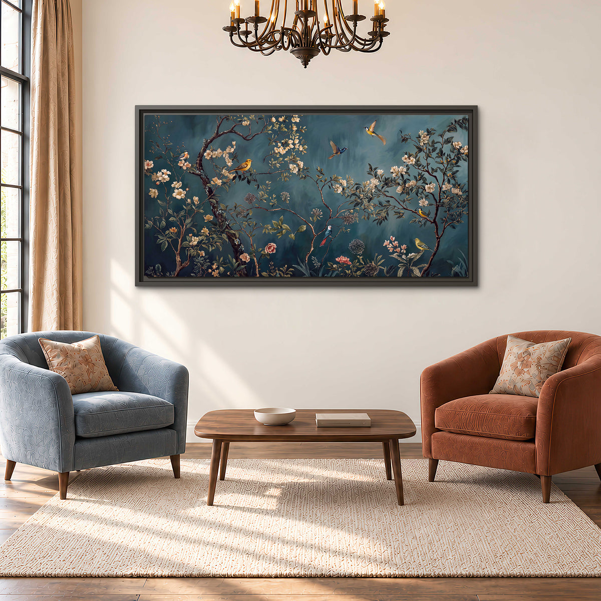 Colorful birds and pale blossoms on branches against teal blue single framed canvas wall art styled in an interior