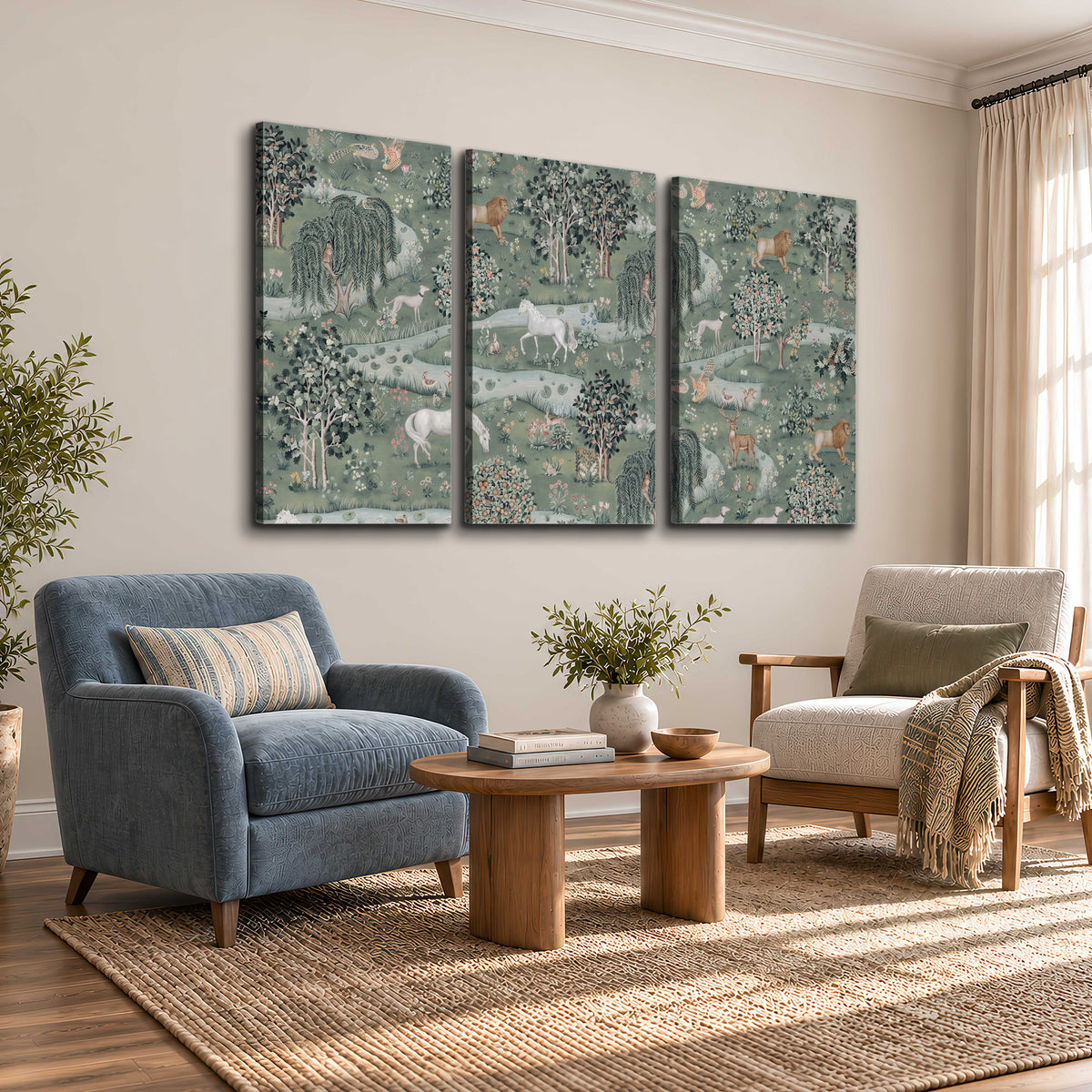 Decorative white horses and woodland animals among sage trees 3 piece canvas wall art styled in an interior