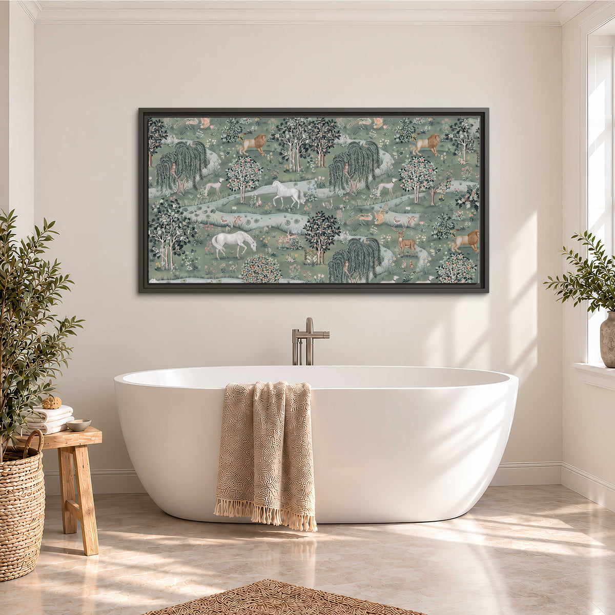 Decorative white horses and woodland animals among sage trees single framed canvas wall art styled in an interior