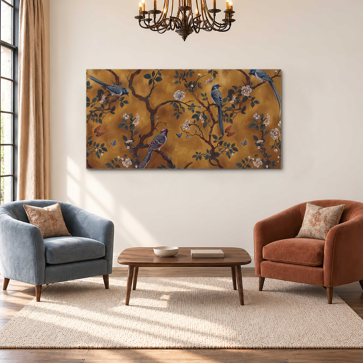 Colorful perched birds and pale blossoms on an ochre background single canvas wall art styled in an interior