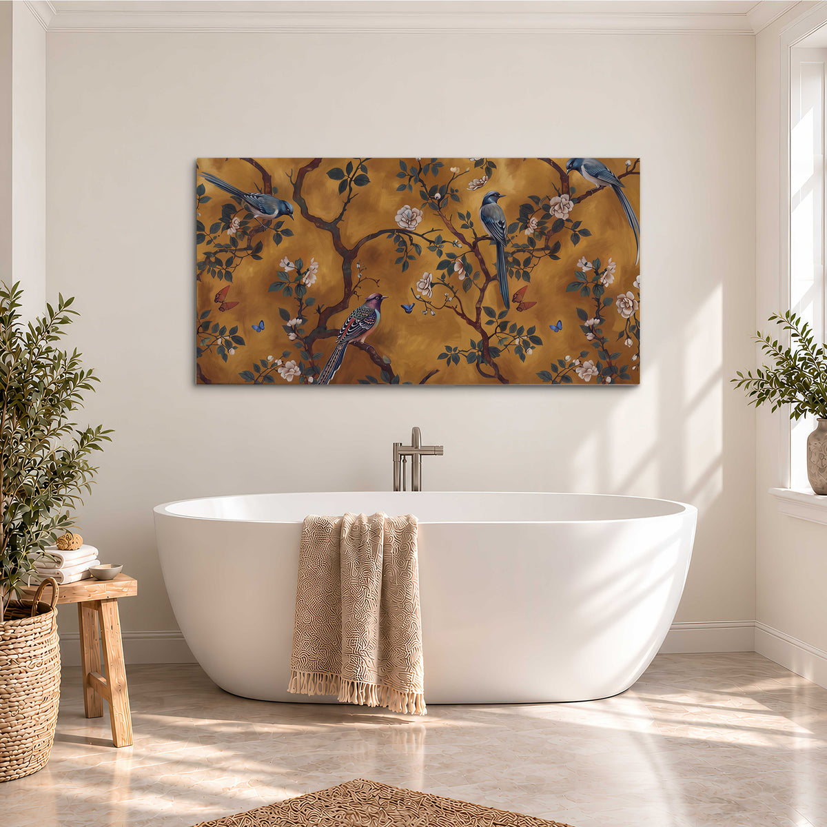 Colorful perched birds and pale blossoms on an ochre background single canvas wall art styled in an interior