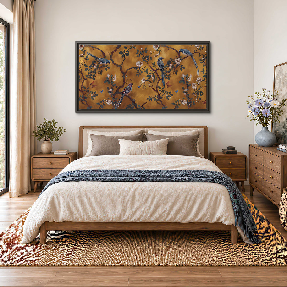 Colorful perched birds and pale blossoms on an ochre background single framed canvas wall art styled in an interior