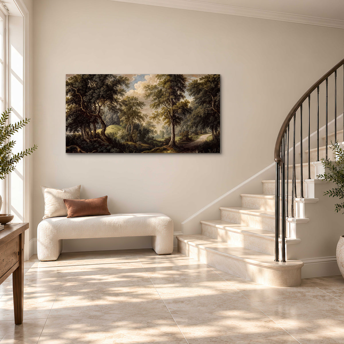 Old trees framing a softly lit woodland path single canvas wall art styled in an interior