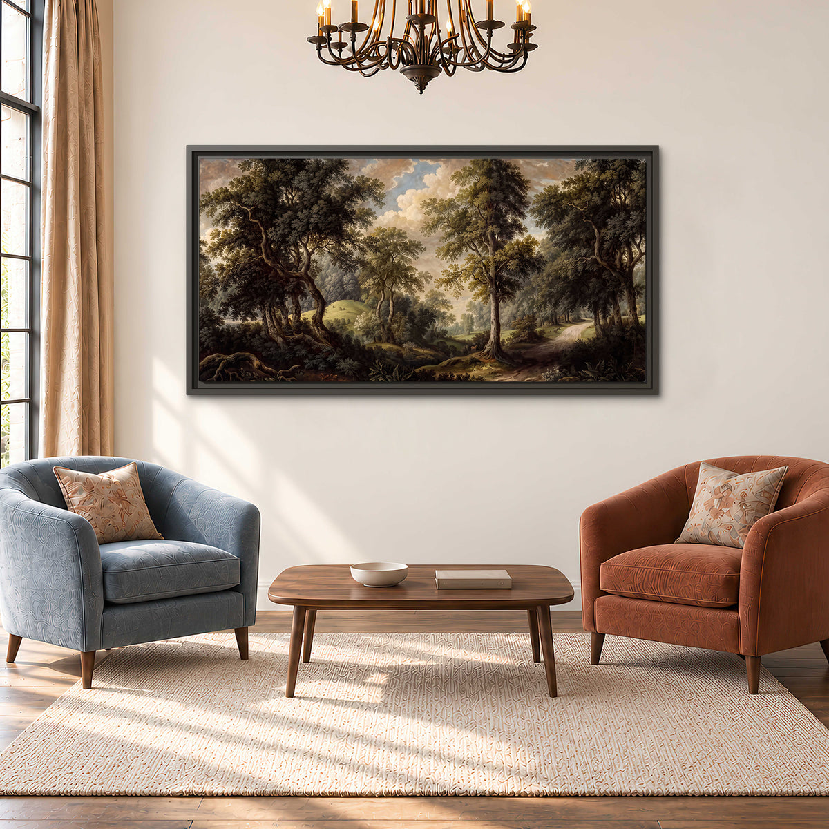 Old trees framing a softly lit woodland path single framed canvas wall art styled in an interior
