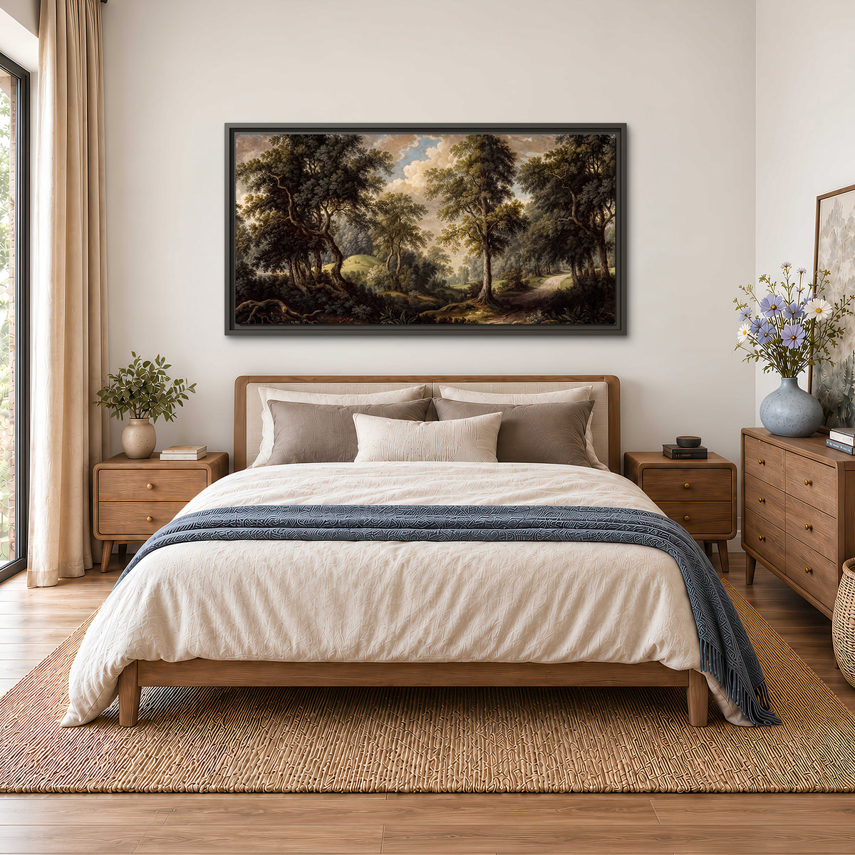 Old trees framing a softly lit woodland path single framed canvas wall art styled in an interior