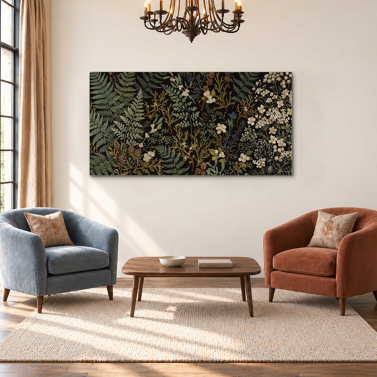 Layered green ferns and delicate cream flowers on a black background single canvas wall art styled in an interior