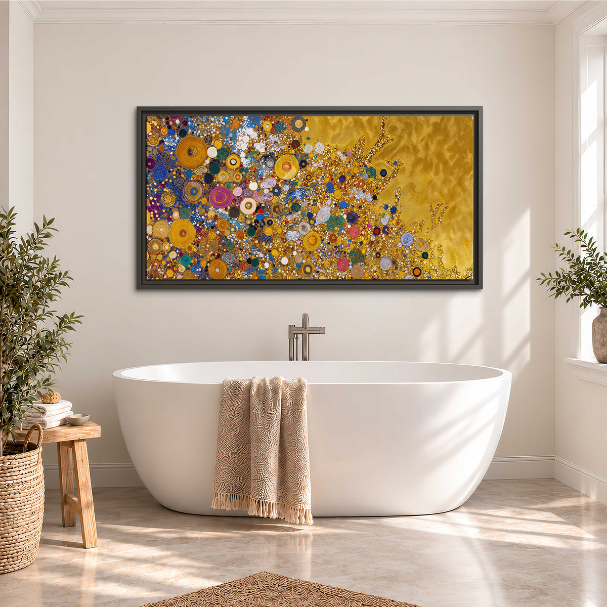 Colorful circular floral motifs against a rich gold-colored field single framed canvas wall art styled in an interior