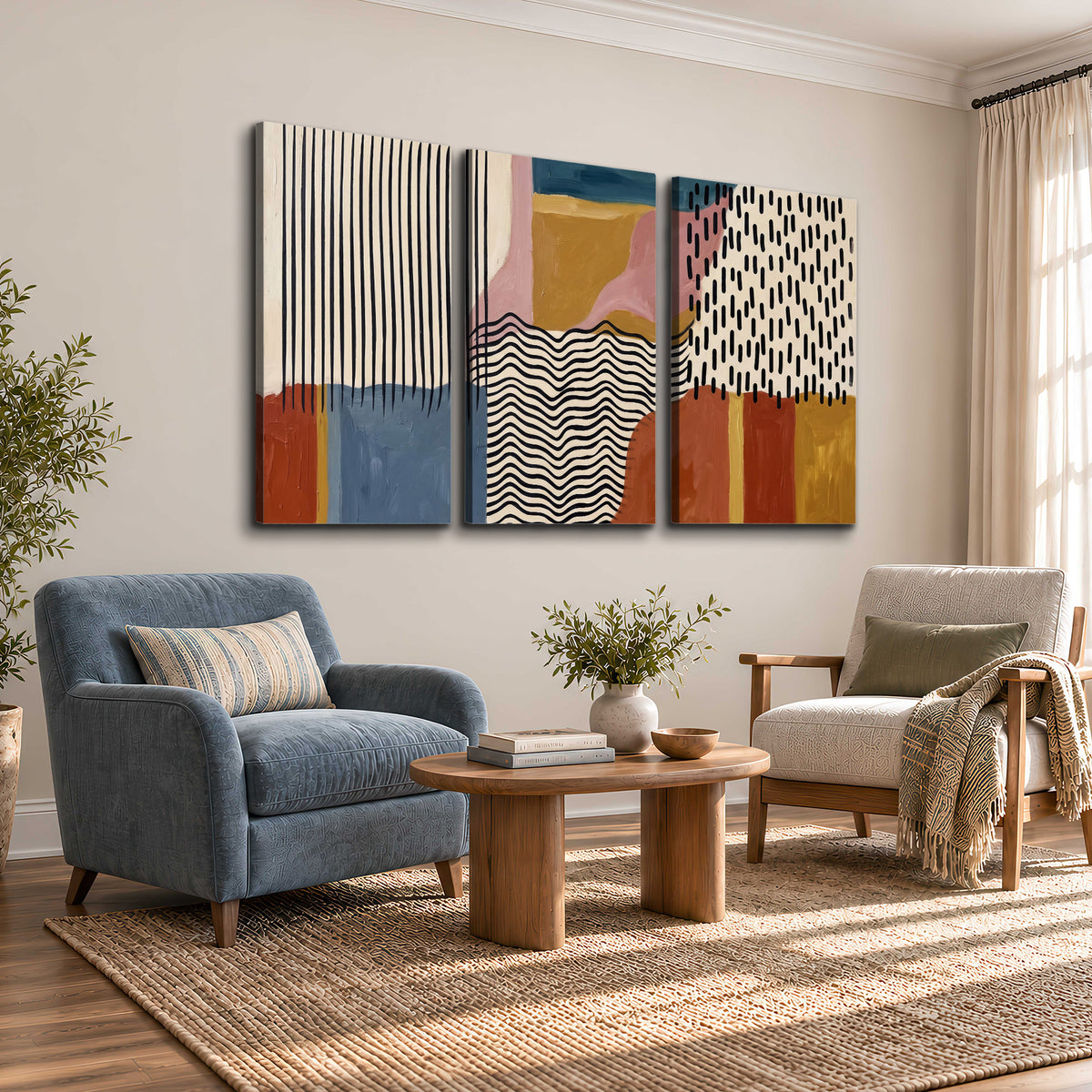 Terracotta, pink, mustard and blue shapes with black line patterns 3 piece canvas wall art styled in an interior