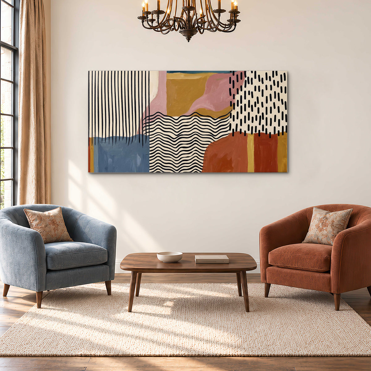 Terracotta, pink, mustard and blue shapes with black line patterns single canvas wall art styled in an interior