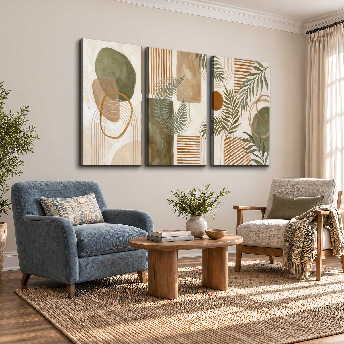 Green botanical leaves layered with ochre and cream geometric forms 3 piece canvas wall art styled in an interior
