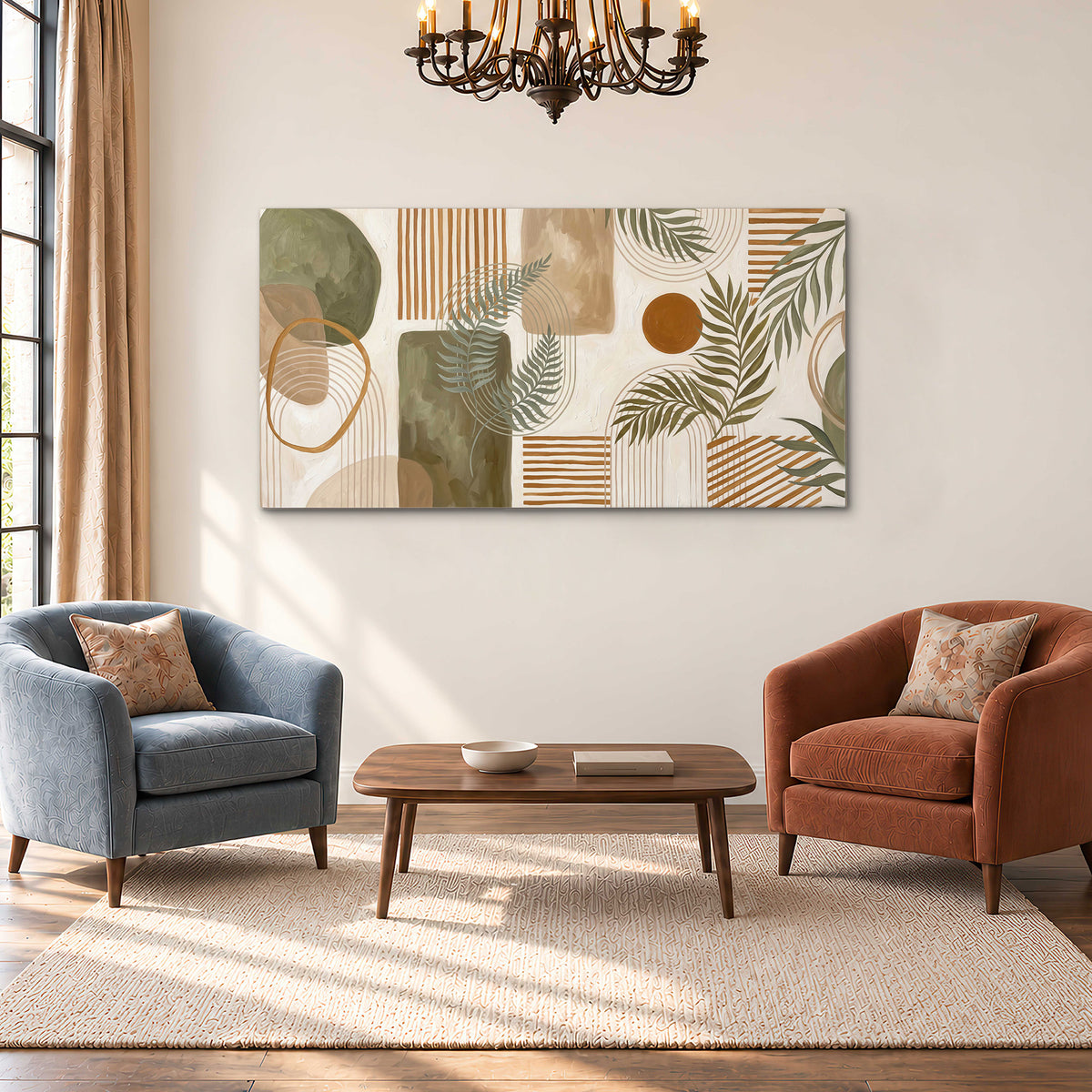 Green botanical leaves layered with ochre and cream geometric forms single canvas wall art styled in an interior