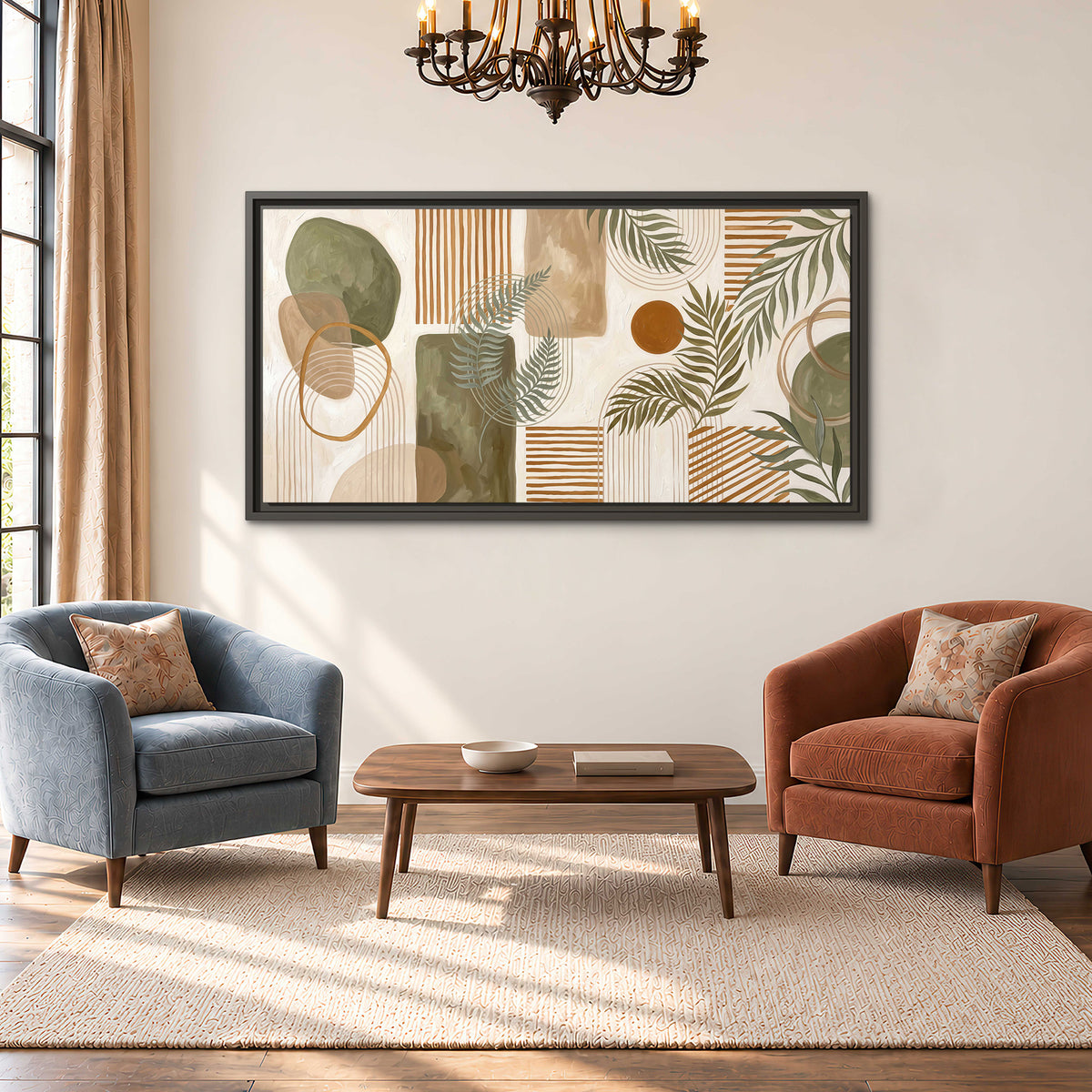 Green botanical leaves layered with ochre and cream geometric forms single framed canvas wall art styled in an interior