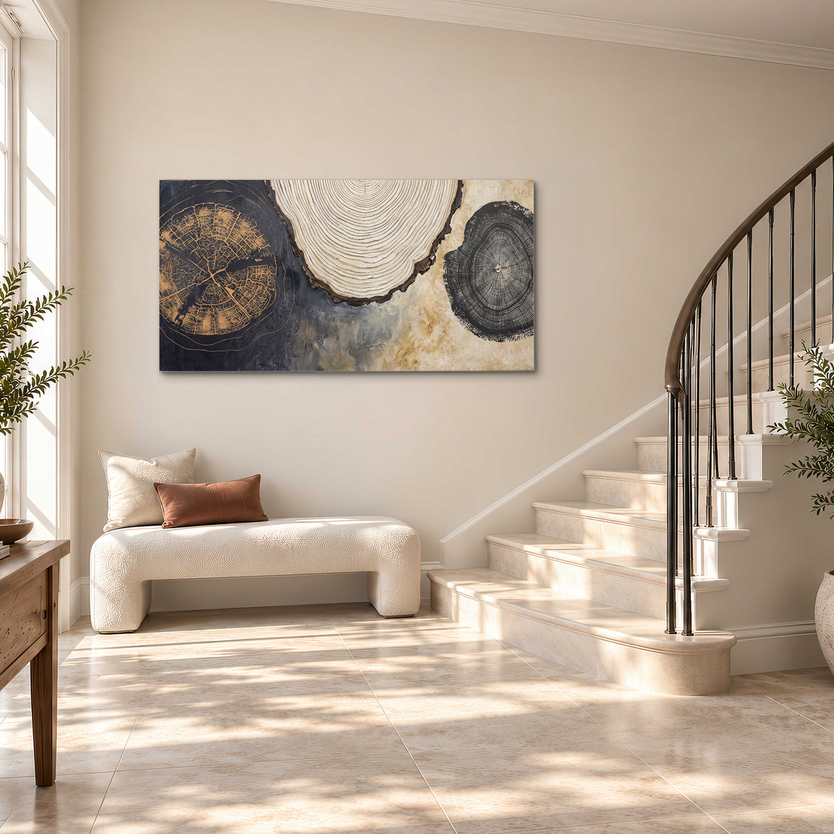 Circular tree-ring motifs in charcoal, cream and gold tones single canvas wall art styled in an interior